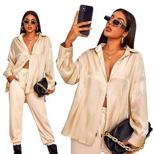 Shirt blouse buttons down satin campaign beige fashion dress